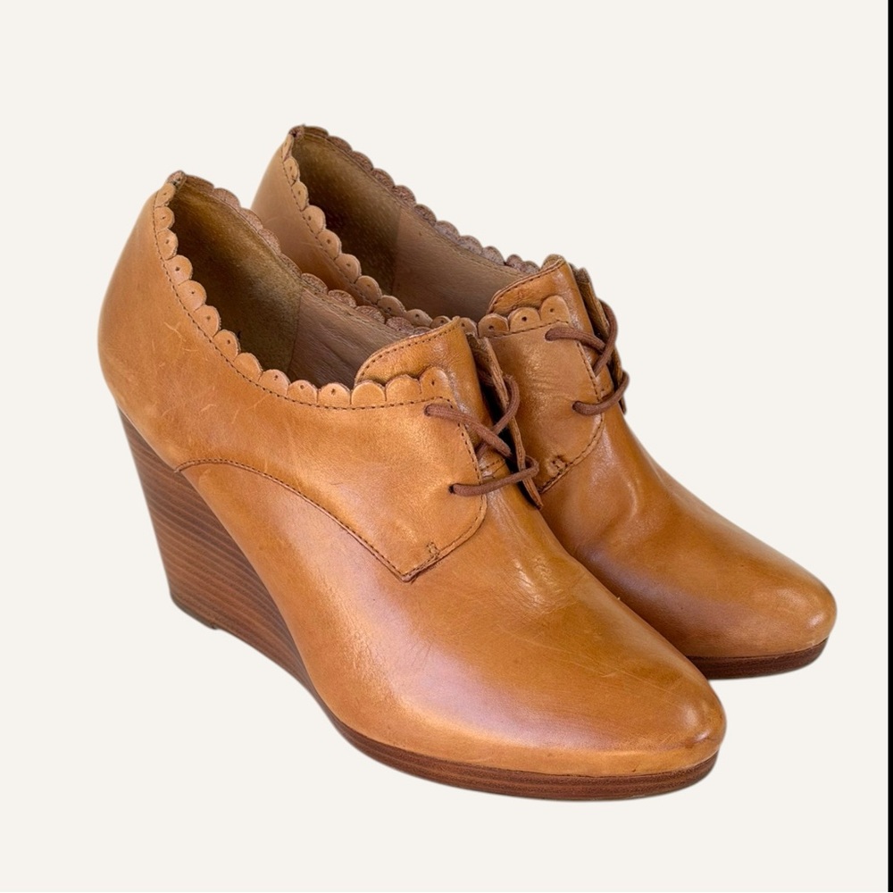 Jack‎ Rogers Olivia Scalloped Wedge Oxford Shoes Cognac Size 8.5